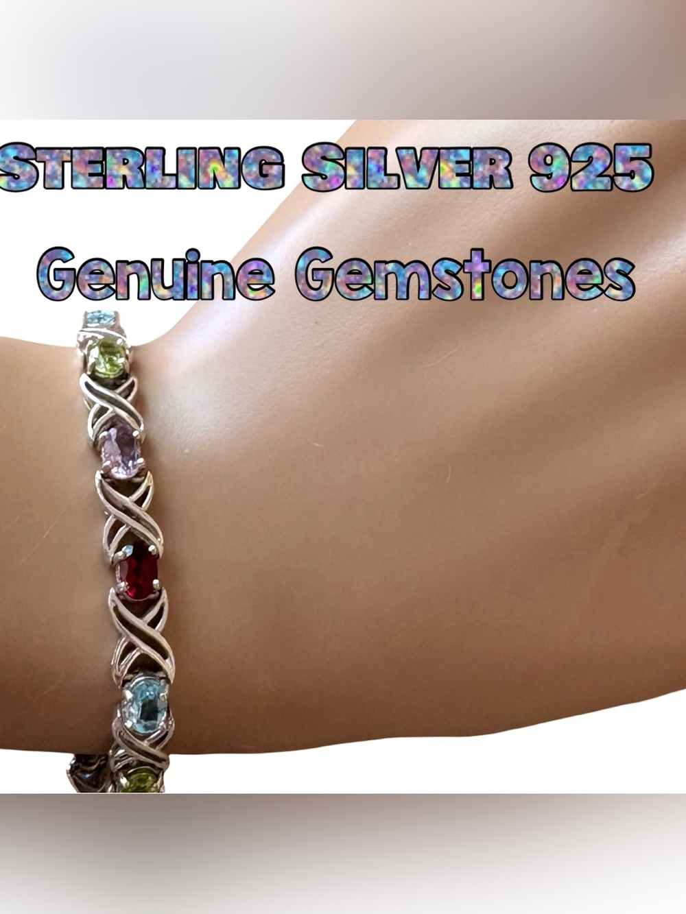 CISS STERLING SILVER VINTAGE GENUINE GEMS Tennis Bracelet Safety Clasp A++ FIRM